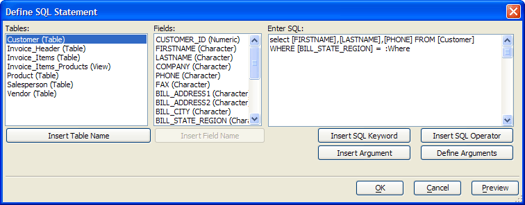 As Define Sql Statement Dialog Box